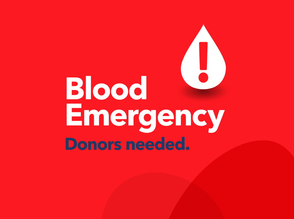 Red poster reading "Blood Emergency - Donors Needed" with white blood drop with exclamation point.